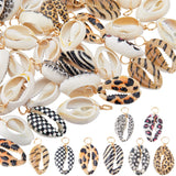 50Pcs Printed Natural Cowire Shell Pendants, Real 18K Gold Plated Copper Wire Wrapped Shell Charms, Mixed Color, 23.5~26.5x11.5~13.5x5.5~7mm, Hole: 3.4~4mm