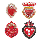 4Pcs 4 Style Heart Cloth Patches, Glass Beaded Appliques, Stick On Patch, with Rhinestone, Costume Accessories, Red, 61~103x48~77x6~11mm, 1pc/style