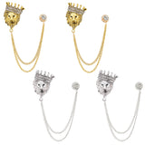 4Pcs 2 Colors Lion with Crown Rhinestone Safety Pin Brooch, Hanging Long Chain Alloy Pin for Suit Shirt Collar, Antique Silver & Antique Golden, 175mm, 2pcs/color