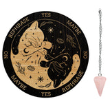 1Pc Cone/Spike/Pendulum Natural Rose Quartz Stone Pendants, 1Pc 304 Stainless Steel Cable Chain Necklaces, 1Pc PVC Custom Pendulum Board, Dowsing Divination Board, Cat Pattern, Board: 200x4mm