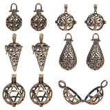 10Pcs 5 Styles Brass Hollow Cage Pendants, For Chime Ball Pendant Necklaces Making, Round & Teardrop & Cone, Antique Bronze, 24.5~47x22~26x20~24mm, Hole: 4~7x4~8mm, 2pcs/style