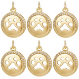 10Pcs Brass Micro Pave Cubic Zirconia Pendants, Real 18K Gold Plated, with Jump Ring, Flat Round with Paw Print Charms, Clear, 18.5x15.5x5mm, Jump Ring: 5x0.8mm, Inner Diameter: 3.2mm