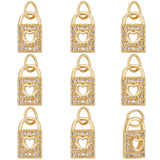 10Pcs Brass Micro Pave Clear Cubic Zirconia Charms, with Jump Rings, Long-Lasting Plated, Lock with Heart Charm, Real 18K Gold Plated, 11x6.5x3mm, Hole: 3.5mm