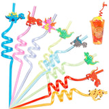 8Pcs 8 Colors PET Spiral Drinking Straws, with Silicone Straw Marking Decors, Dinosaur, Mixed Color, 245~265x27~28mm, 1pc/color