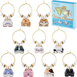 10Pcs Alloy Enamel Wine Glass Charms, with Glass Beads and Brass Findings, Cat Shape, Mixed Color, 46mm