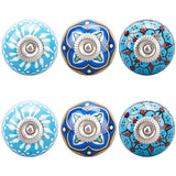 6Pcs 3 Styles Printing Porcelain Drawer Knobs, with Iron Finding and Screw, for Home, Cabinet, Cupboard and Dresser, Rondelle with Flower Pattern, Marine Blue, 2-1/2 inch(65mm), Ceramic: 40x28mm, 2pcs/style