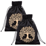 2Pcs Velvet Packing Pouches, Drawstring Bags, Rectangle, Black, Tree of Life Pattern, 18.2x12.8~13.5x0.2cm, 2pcs