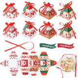 32Pcs 4 Style Christmas Theme Pyramid Shaped Paper Bakery Boxes, with Bowknot Ribbon, Mixed Patterns, Boxes: 73x73x83mm, 8pcs/style