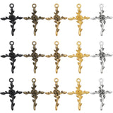 50Pcs 5 Colors Tibetan Style Alloy Pendants, Cross with Rose Charm, Mixed Color, 34.5x23x3mm, Hole: 2.5mm, 10pcs/color