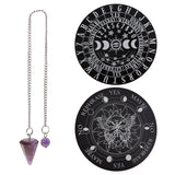 Butterfly/Moon Phase Pattern Wooden Flat Round Pendulum Board, with Natural Amethyst Cone Shape Drowsing Pendulum, Mixed Patterns, Planchette: 150x3mm, 2pcs; Pendulum: 242x2.7mm, 1pc