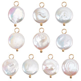 10Pcs Natural Baroque Pearl Keshi Pearl Pendants, Flat Round Charms, Cultured Freshwater Pearl, with Brass Loops, Floral White, Golden, 17.5x11x4.5mm, Hole: 2.1~3.1mm