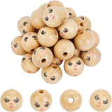 30Pcs Natural Wood Beads, Round with Smile Face, BurlyWood, 21.5x20.5mm, Hole: 4.5mm, 30pcs