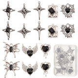 16Pcs 8 Style Rack Plating Alloy Glass Pendants, Cadmium Free & Lead Free & Nickle Free, Star & Spider Web & Heart & Rectangle Charms, Black, 20~30x14~28x2.5~5mm, Hole: 1.2~2.5mm, 2Pcs/style