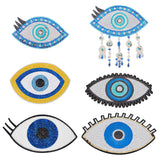 6Pcs 6 Style Polyester Sequin Evil Eye Appliques, Iron on/Sew on Clothing Patches, Mixed Color, 93~136x161~237x1~1.5mm, 1pc/style