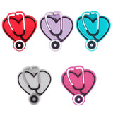 10Pcs 5 Colors Silicone Beads, DIY Nursing Necklaces and Bracelets Making, Chewing Pendants For Teethers, Heart with Stethoscope, Mixed Color, 30x27x8mm, Hole: 2mm, 2pcs/color