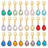 24Pcs 12 Colors Faceted Glass Pendant Decorations, Clip-on Birthstone Dangle Charms, Alloy Lobster Clasps Charms, for Keychain, Purse, Backpack Ornament, Teardrop, Mixed Color, 24mm, 2pcs/color
