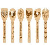 6Pcs Bamboo Spoons & Knifes & Forks, Flatware for Dessert, Rooster Pattern, 60x300mm, 6 style, 1pc/style, 6pcs/set
