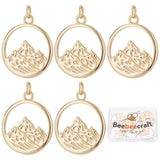 Brass Pendants, with Jump Ring, Flat Round with Alps Mountain, Real 18K Gold Plated, 23.5x20x2mm, Hole: 3mm, 10pcs/box