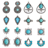 16Pcs 8 Styles Synthetic Turquoise Pendants, with Antique Silver Tone Aolly Findings, Cadmium Free & Nickel Free & Lead Free, Fan & Teardrop & Flat Round & Fish & Cross & Oval & Square, 28~47x19~34x2.5~7mm, hole: 2~3mm, 2pcs/style