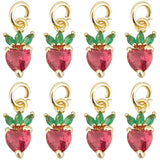 10Pcs Brass Micro Pave Cubic Zirconia Charms, with Jump Rings, Long-Lasting Plated, Strawberry, Real 18K Gold Plated, 12x6x3.5mm, Hole: 3mm