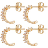 10Pcs Brass Clear Cubic Zirconia C-shape Stud Earring Findings, Half Hoop Earring Findings, with Vertical Loops and 10Pcs Ear Nuts, Real 18K Gold Plated, 19x12x4mm, Hole: 1mm, Pin: 0.8mm