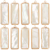 10Pcs Natural Paua Shell/Abalone Shell Pendants, Rectangle Charms, with Golden Tone Brass Frame, White, 27x9x4mm, Hole: 1.5mm