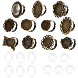 DIY Finger Ring Making Kits, with Transparent Glass Cabochons, Vintage Adjustable Iron & Brass Finger Ring Components Alloy Cabochon Bezel Setting, Antique Bronze, Size: 7, Inner Diameter: 17mm, 11pcs/set