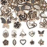 40Pcs 10 Style Alloy Enamel Pendants, with Crystal Rhinestone & Plastic Imitation Pearl, Word Love & Flower & Leaf & Butterfly, Light Gold, 17~26.5x11.5~20.5x1.5~3.5mm, Hole: 1.4~2mm, 4Pcs/style