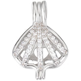 1Pc Rhodium Plated 925 Sterling Silver Empty Bead Cage Pendants, with Clear Cubic Zirconia, Shell Shape, 22x14x10mm, Hole: 4x2.5mm, Inner Diameter: 12x11.5mm