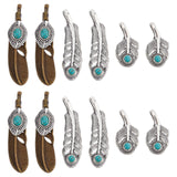 12Pcs 3 Styles Tibetan Style Alloy Big Pendants, with Synthetic Turquoise, Dyed, Leaf & Feather Charm, Mixed Color, 36~65x15~18x6~8.5mm, Hole: 4x6~9mm, 4pcs/style