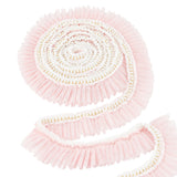 4 Yards Polyester Pleated Lace Trim, with Plastic Pearl Beads, Pink, 2-3/8 inch(60mm)