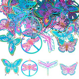 40Pcs 4 Style Ion Plating(IP) 201 Stainless Steel Filigree Pendants, Etched Metal Embellishments, Butterfly & Dragonfly, Rainbow Color, 18~27x24.5~30x0.2~0.3mm, Hole: 1.2mm, 10pcs/style