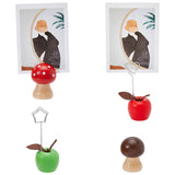 4Pcs 4 Style Wood Name Card Holder, Photo Memo Holders, Apple & Mushroom Shape, Mixed Color, 29.5~34.5x33~34.5x48.5~88mm, 1pc/style