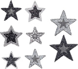 8Pcs 8 Style Star Glitter Hotfix Rhinestone, Iron on Patches, Dress Shoes Garment Decoration, Jet, 50~77x57~82x2~4mm, 1pc/style