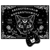 Pendulum Dowsing Divination Board Set, Wooden Spirit Board Black Talking Board Game for Spirit Hunt Birthday Party Supplies with Planchette, Cat Pattern, 300x210x5mm, 2pcs/set