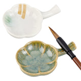 2Pcs 2 Colors Flower Shape Ceramics Ink Plate with Handle, Porcelain Brush Holder, for Calligraphy Lovers, Mixed Color, 7.3x10.5~10.9x2.3~2.4cm, 1pc/color