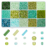 6178Pcs 15 Style Glass Round Seed & Bugle Beads, Mixed Style, Yellow Green, 2~6mm, hole: 0.5~1mm