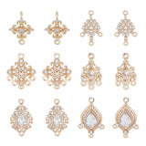 12Pcs 6 Style Links Making Finding Kit, Including Brass Micro Pave Cubic Zirconia Chandelier Component Link & Connectors Charms, Flower & Horse Eye & Teardrop & Rhombus, Light Gold, 16.5~25x10.5~16x3~5mm, Hole: 1.2~1.6mm, 2Pcs/style