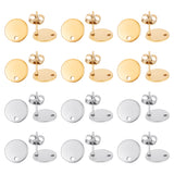 60 Pcs 2 Colors Vacuum Plating 304 Stainless Steel Stud Earring Findings, with Loop and Flat Plate, Ear Nuts/Earring Backs, Flat Round, Golden & Stainless Steel Color, 10x1mm, Hole: 1.5mm, Pin: 0.8mm, 30pcs/color