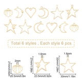 36 Pcs 6 Styles Alloy Pendants, Star & Moon & Heart & Shell, Light Gold, 6pcs/style
