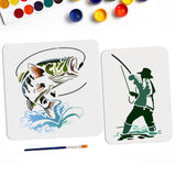 1 Set Fishing Theme PET Hollow Out Drawing Painting Stencils, with 1Pc Art Paint Brushes, for DIY Scrapbook, Photo Album, Fish, 297~300x210~300mm, 2pcs/set