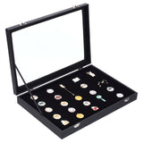 Wood Pin Display Case, Badge Presentation Box, with Velvet & Polyester Cover, Iron Latch Lock & Foam Inner Pad, Acrylic Clear Window, Black, 349x238x48mm, Inner Diameter: 333x225x10mm