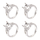 4Pcs Adjustable Brass Finger Ring Components, 4 Claw Prong Ring Settings, with Cubic Zirconia, Long-Lasting Plated, Oval, Platinum, Tray: 10x8mm, Inner Diameter: 16~16.5mm