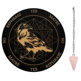 1Pc Cone/Spike/Pendulum Natural Rose Quartz Stone Pendants, 1Pc 304 Stainless Steel Cable Chain Necklaces, 1Pc PVC Custom Pendulum Board, Dowsing Divination Board, Raven Pattern, Board: 200x4mm