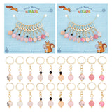 Pink Series Round Gemstone & Bicone Glass Pendant Stitch Markers, Crochet Leverback Hoop Charms, Locking Stitch Marker with Wine Glass Charm Ring, Mixed Color, 3.5cm, 10pcs/set