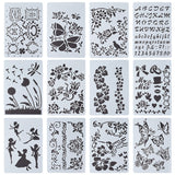 12Pcs 12 Style Plastic Drawing Stencil, Hollow Hand Accounts Ruler Template, For DIY Scrapbooking, Plants/Butterfly/Alphabet/Fairy Pattern, Mixed Patterns, 262x176mm, 1pc/style