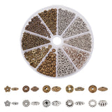500Pcs 10 Style Tibetan Style Alloy Beads, Flower & Disc & Flat Round, Mixed Color, 6~7x6~7x2~4mm, Hole: 1~4mm, 50pcs/style