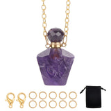 15 Piece DIY Natural Amethyst Perfume Bottle Pendant Necklaces Making Kits, with Waxed Cotton Cord & 304 Stainless Steel Chain Necklaces, Pendants: 37.5x23x13.5mm, Hole: 1.8mm, Capacity: about 2ml(0.06 fl. oz)