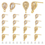 20Pcs 2 Style Teardrop Shape Brass Micro Pave Cubic Zirconia Stud Earring Findings, with Loops and 30Pcs Plastic Ear Nuts, Golden, 9.5~11.5x5.5~6mm, Hole: 1mm, Pin: 0.6~0.8mm, 10Pcs/style