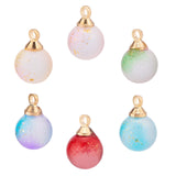 60pcs 6 colors Two Tone Transparent Spray Painted Glass Pendants, with Light Gold Plated Brass Findings, Frosted, with Glitter Powder, Round, Mixed Color, 12x8mm, Hole: 2mm, 10pcs/colors